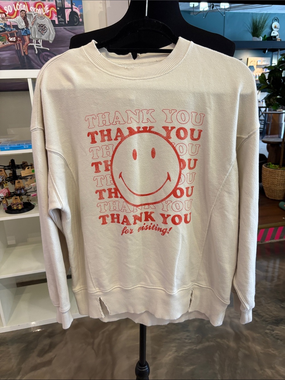 aerie Cream Sweatshirt with Red Smiley Graphic